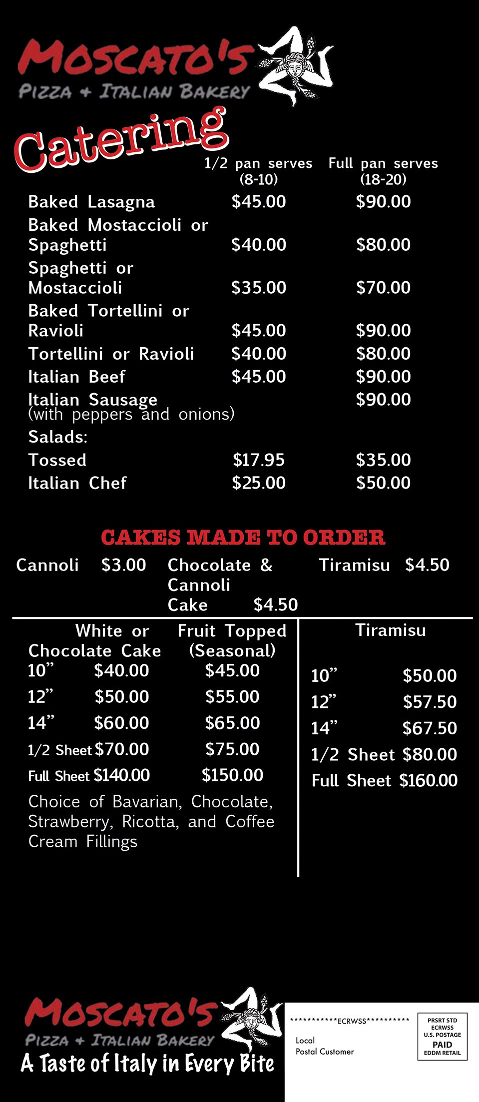 Moscato's Pizza & Italian Bakery Menu Belvidere, IL Poplar Grove, IL