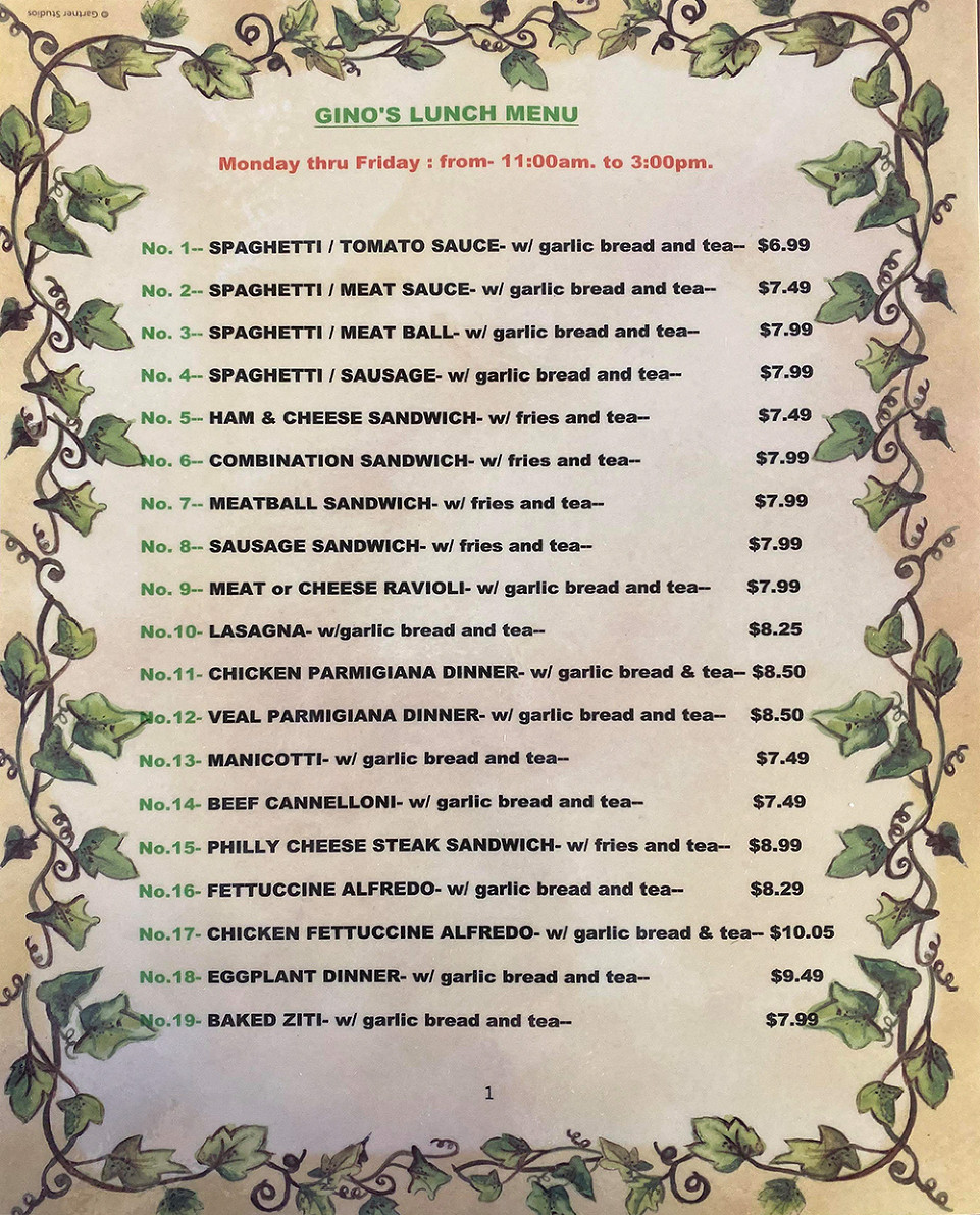 LUNCH MENU Gino's Italian Restaurant & Pizzeria