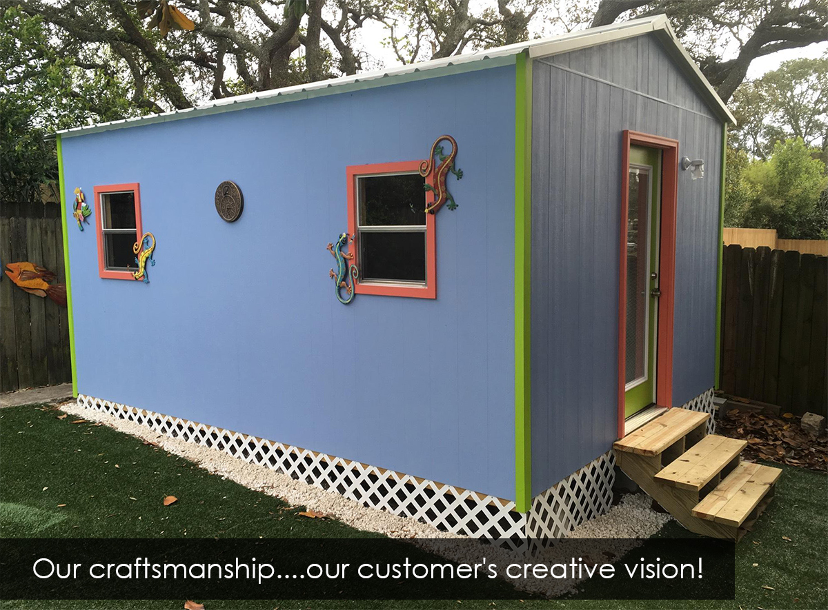 Blue shed designed with lizards