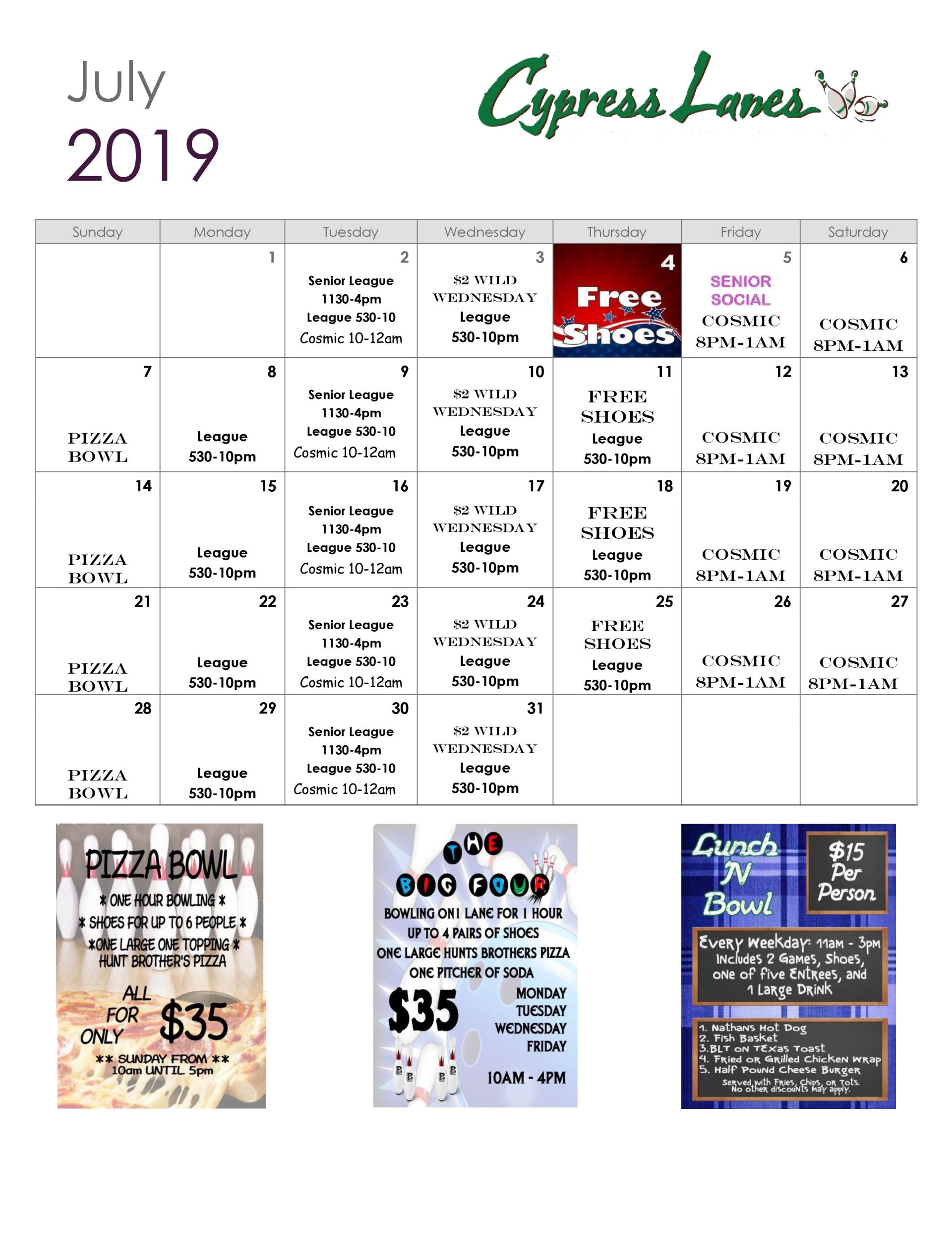 Monthly Calendar Cypress Lanes Diberville MS