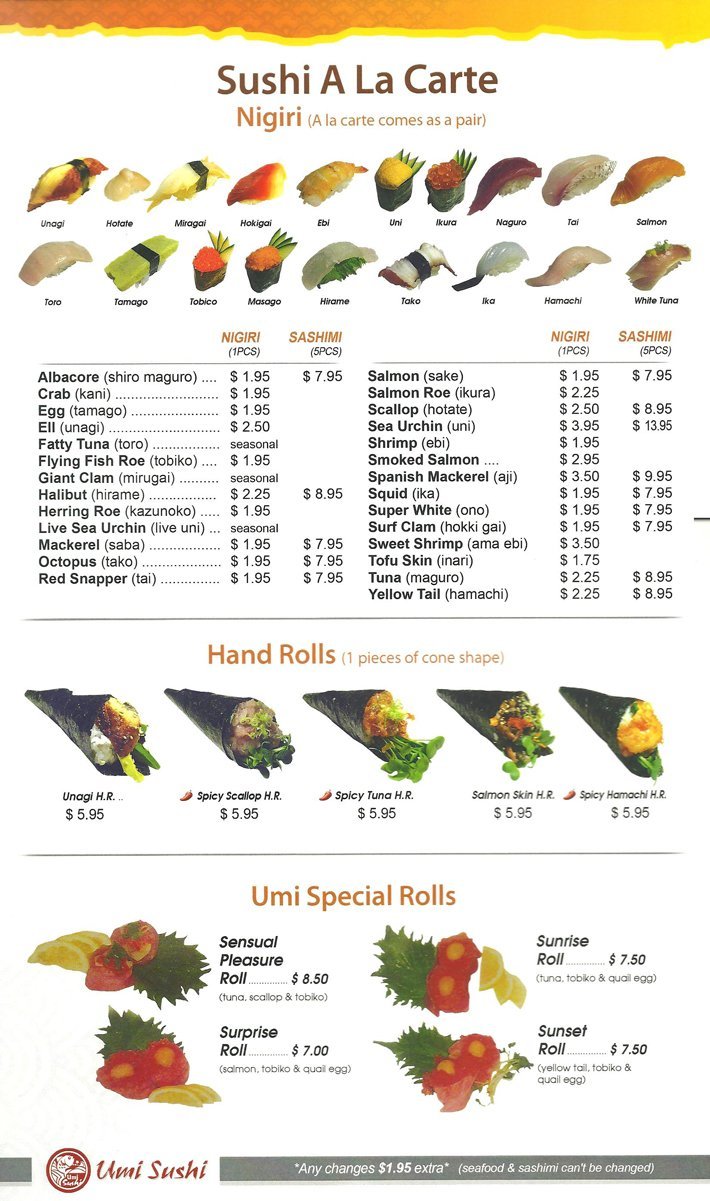 Umi Sushi Sushi A La Carte Menu Modesto, CA