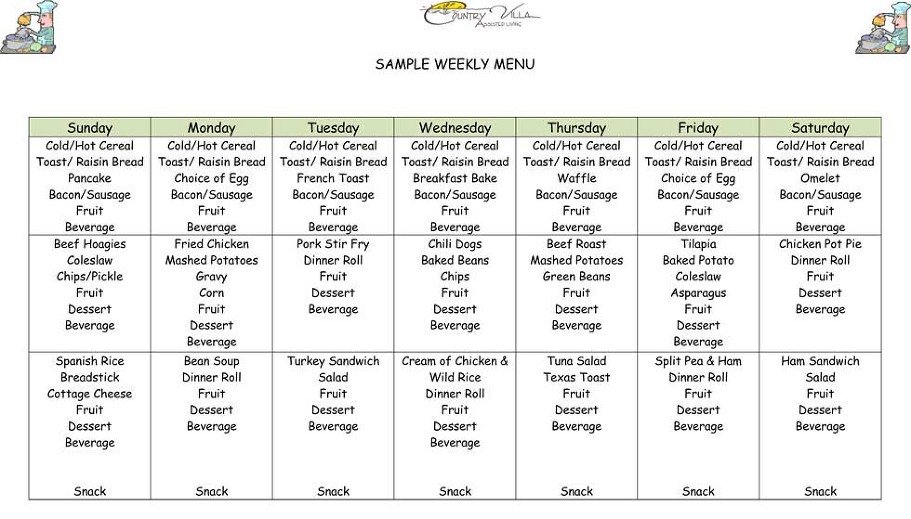 Country Villa Assisted Living Menu Freedom, WI