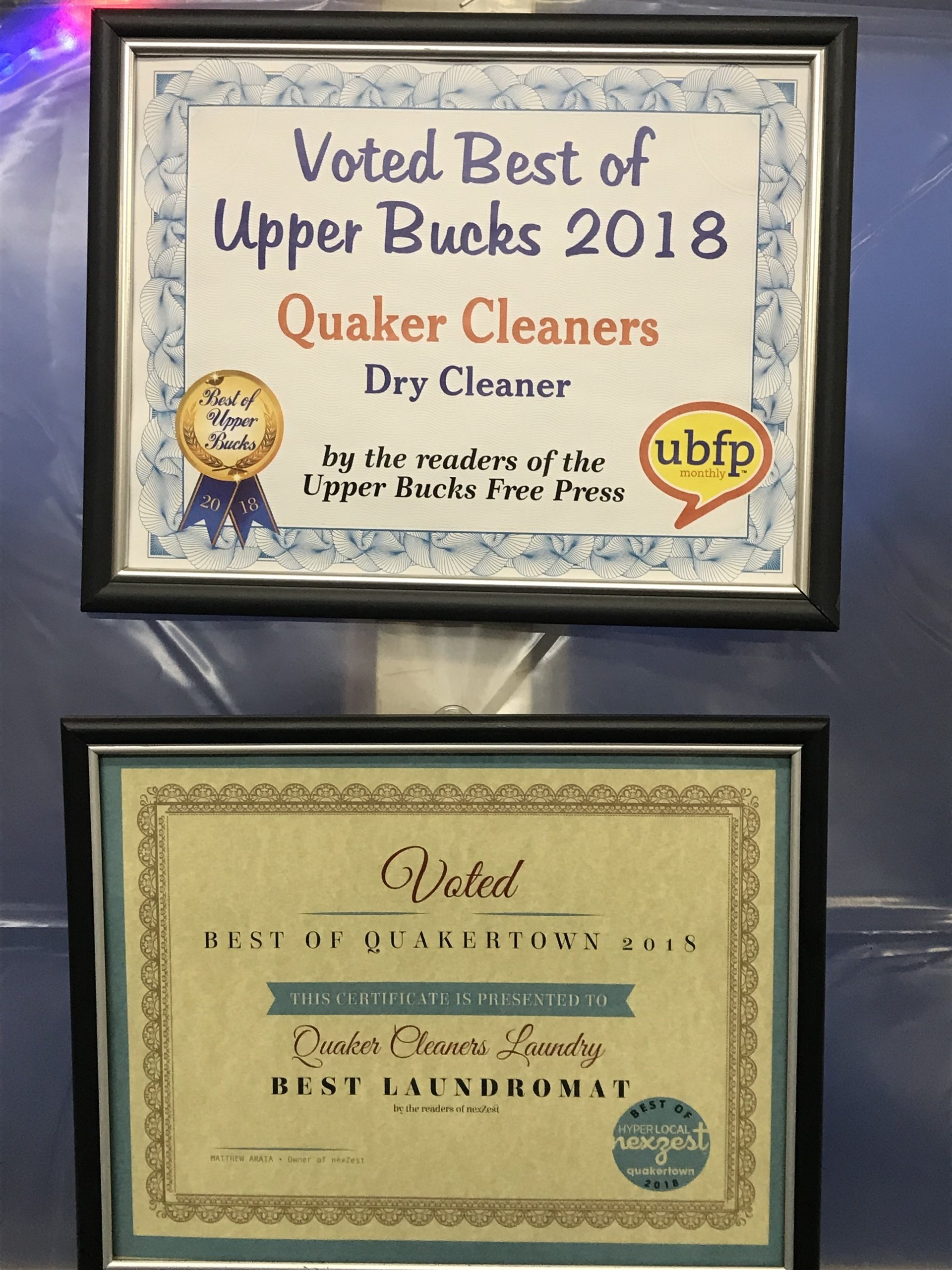 Quaker Cleaners Laundry LLC Awards Gallery Quakertown, PA