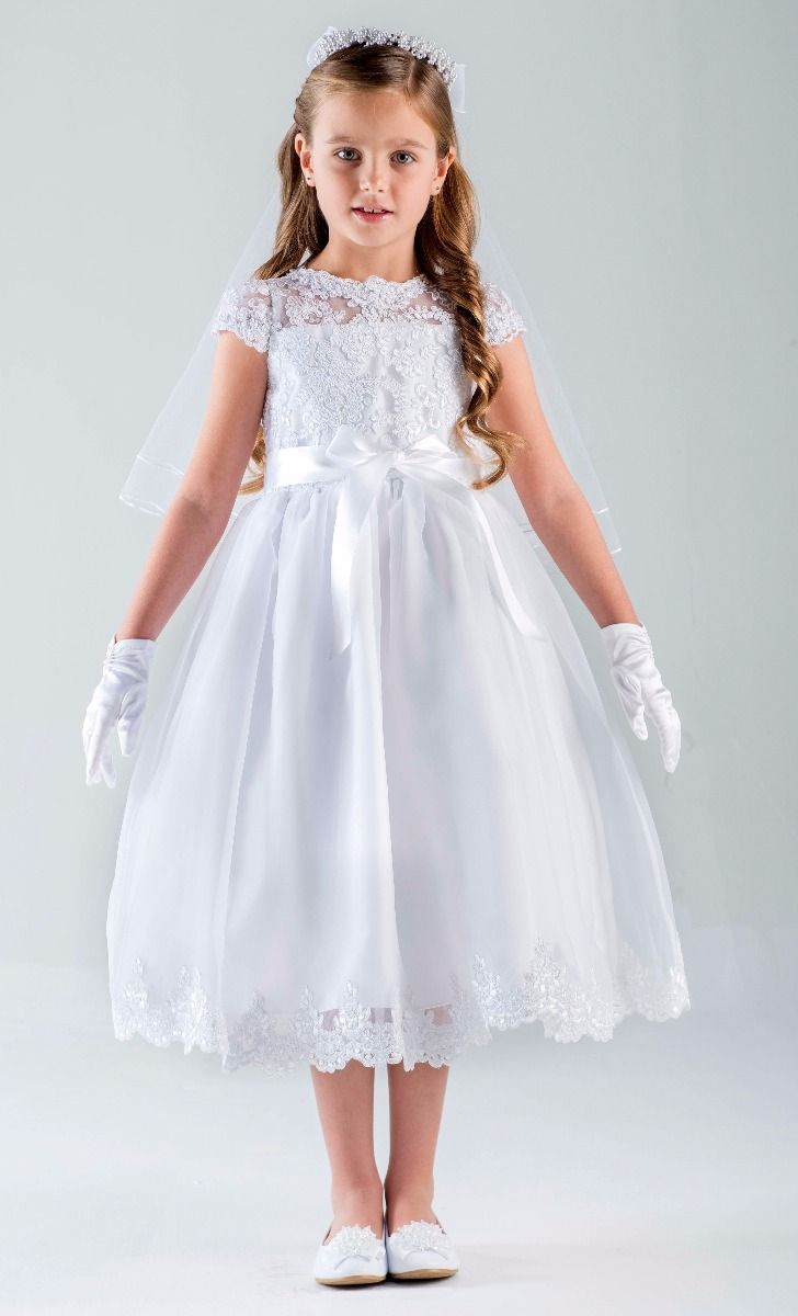 knee length dresses for ladies First Communion Dress Long Sleeves White Embroidery Sheer Princess Formal Dress, White / 10 main image 1
