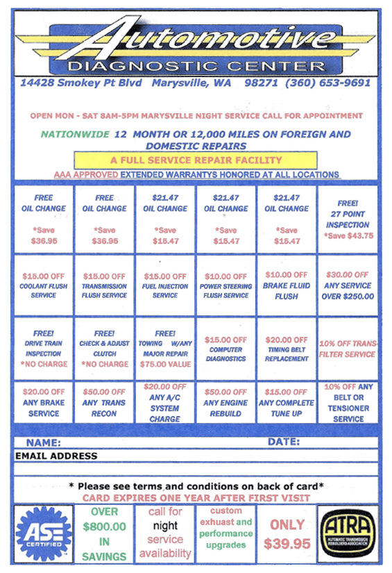Service Cards Marysville, WA Automotive Diagnostic Center