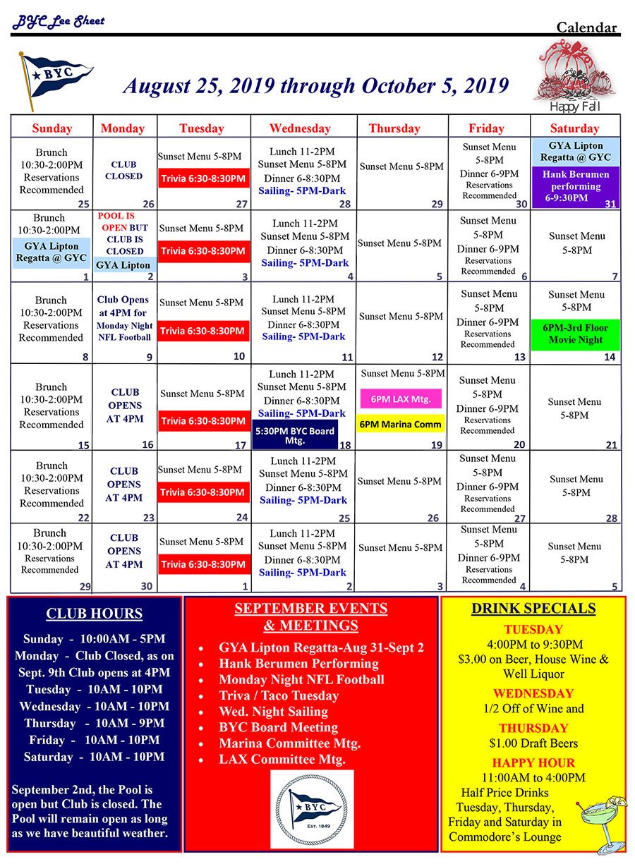 Monthly Calendar Biloxi Yacht Club