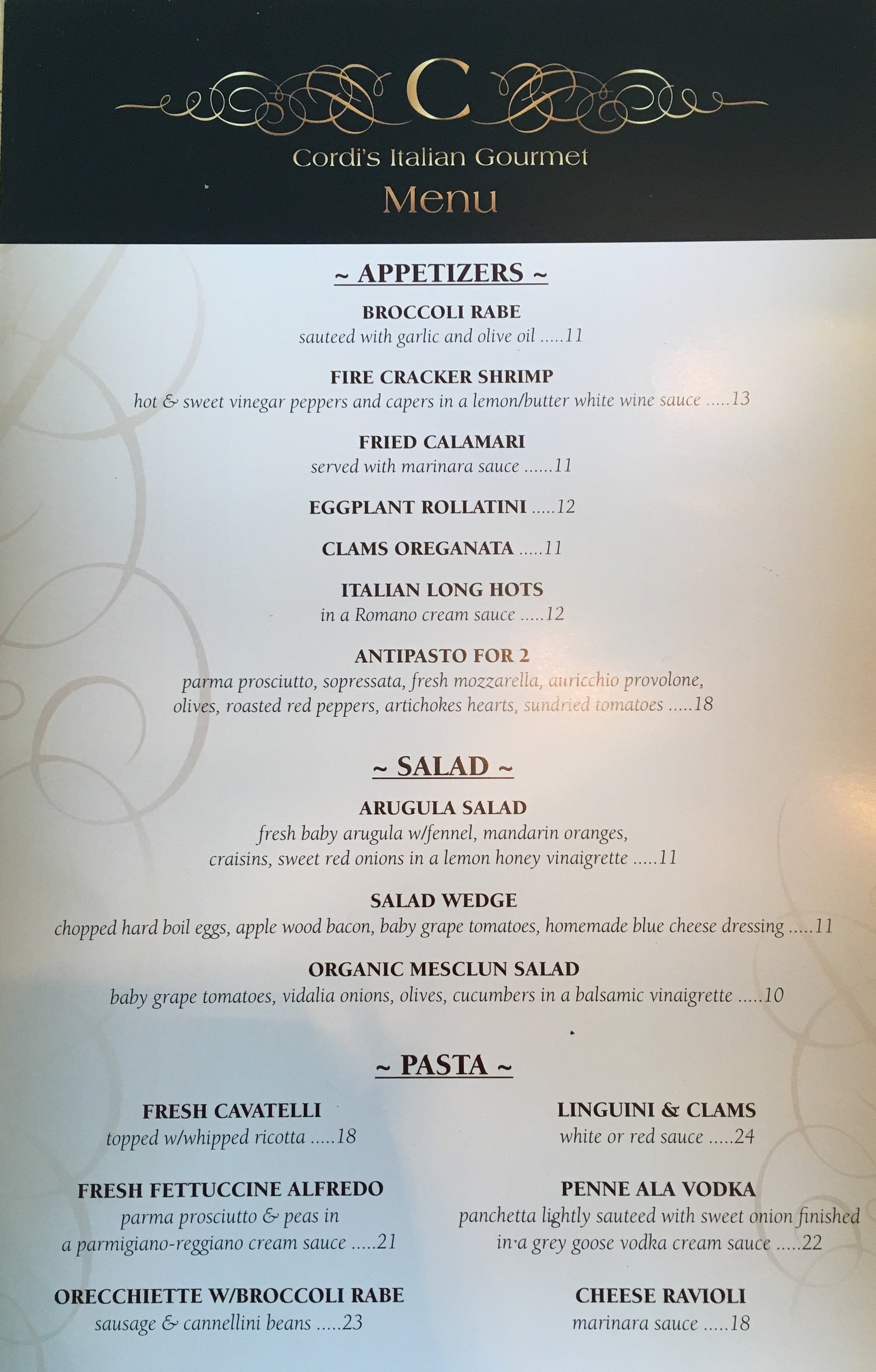 Cordi's Italian Gourmet Menu