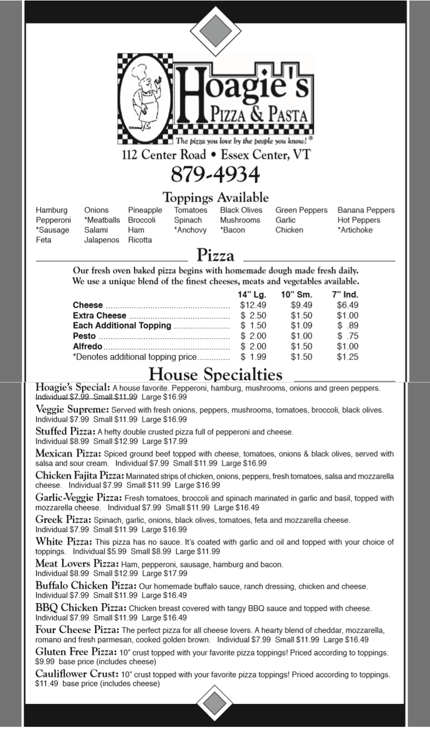 Hoagie s pizza pasta menu i essex vt