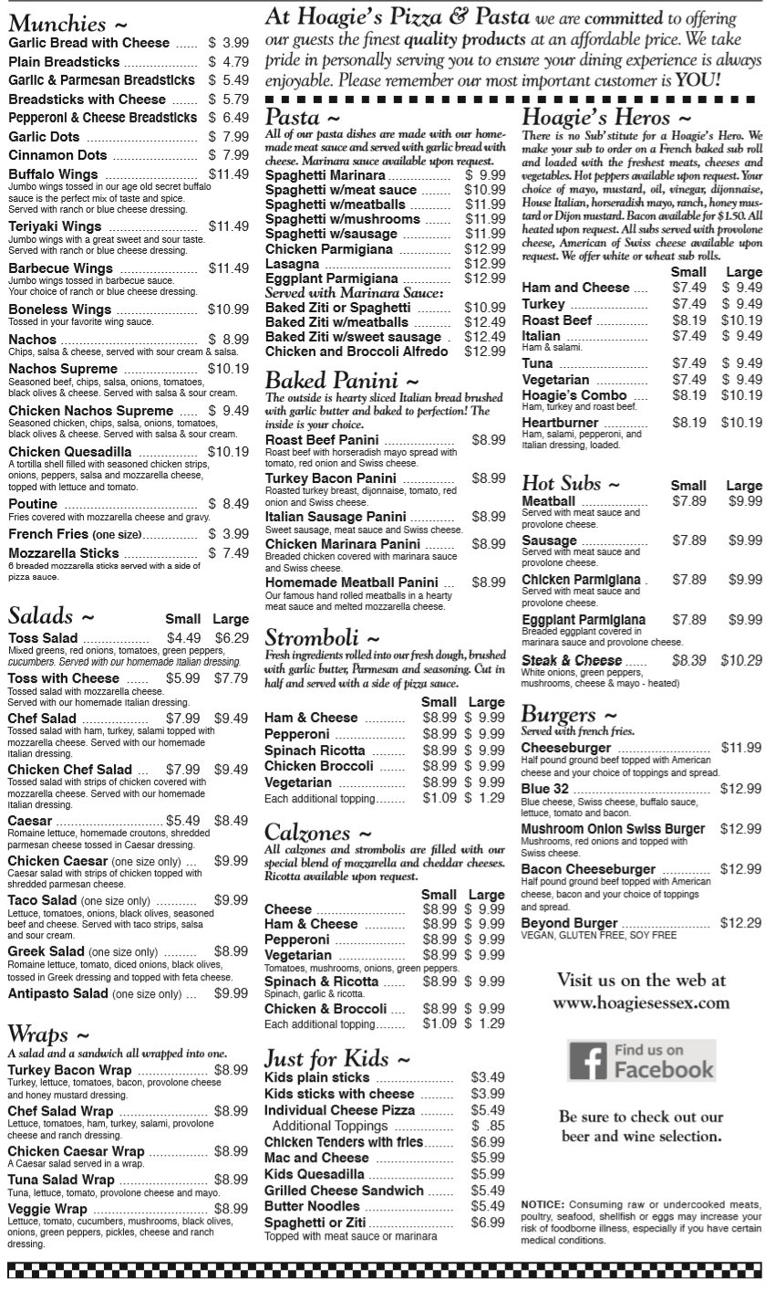 Hoagie's Pizza & Pasta Menu I Essex, VT