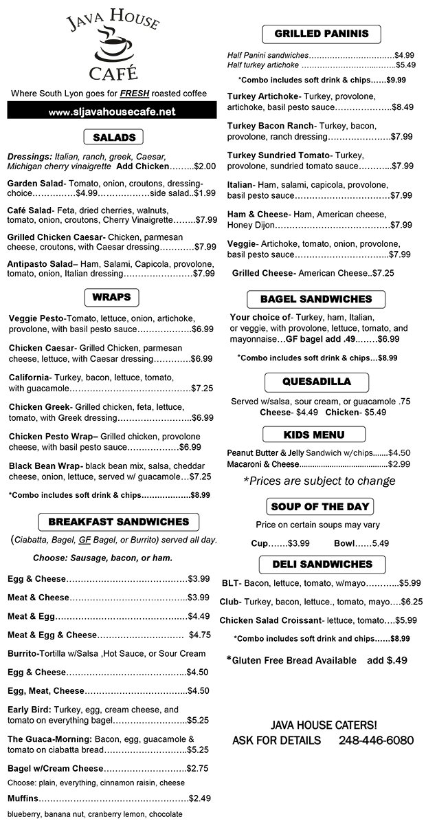 Java House Café Menu South Lyon, MI Coffee House