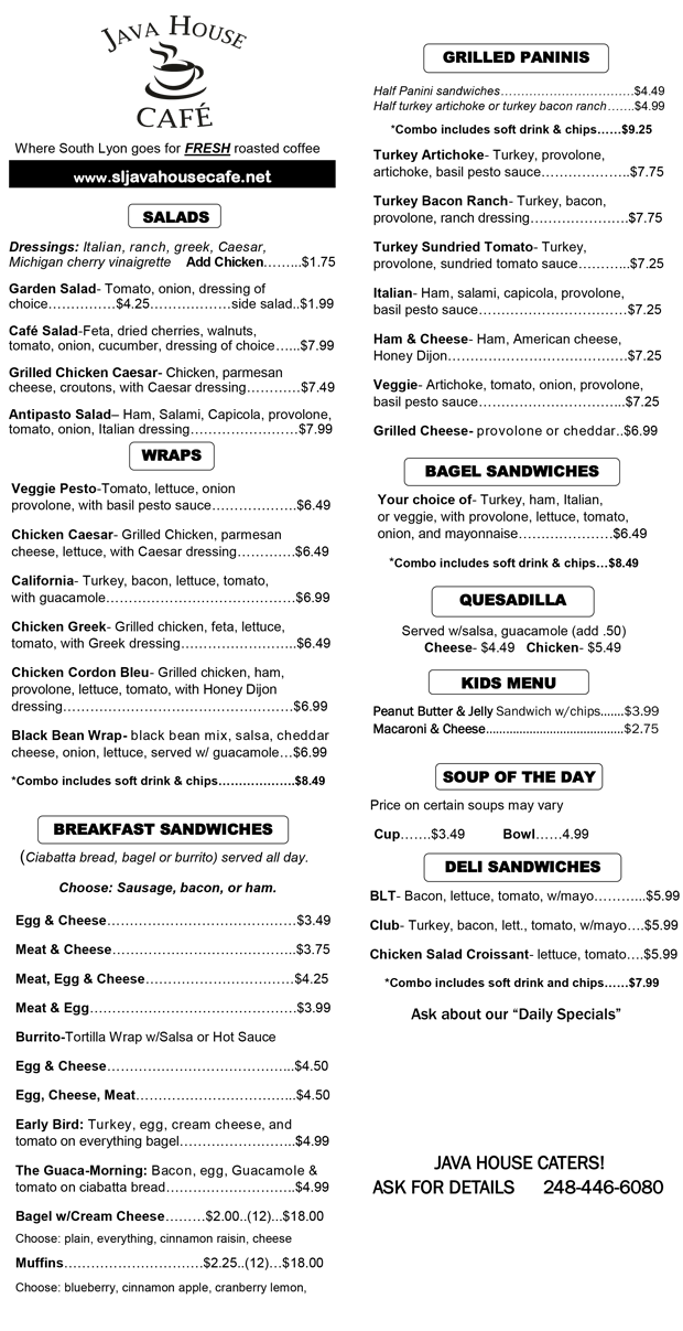 Java House Café Menu | South Lyon, MI | Coffee House