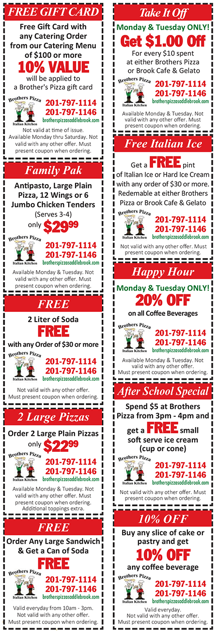 Brothers Pizza Coupons | Saddle Brook, NJ